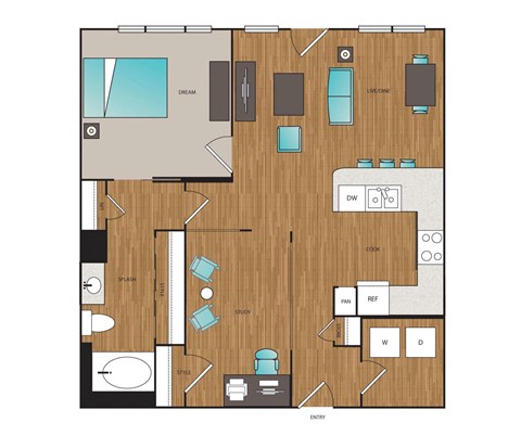 Floor plan for 1 bed, 1 bath, 923 sqft